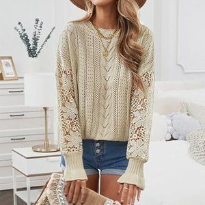 Lace Crochet Sweater Summer Fall Lightweight Crewneck Knit Sweaters Pullover | X
